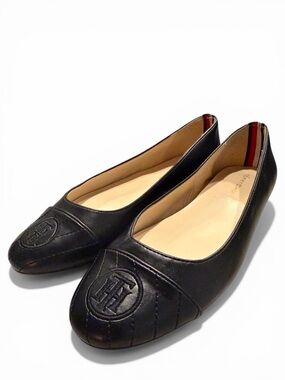Tommy Hilfiger Black Leather Quilted Logo Ballet Flats 8M‎
